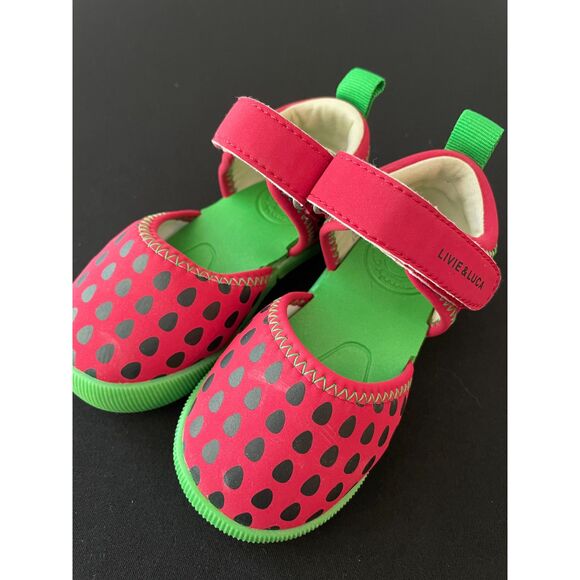 ~ NEW! Livie & Luca Watermelon Sandals 4 Kids Girls Velcro Flexible Red, no tags - Picture 1 of 11